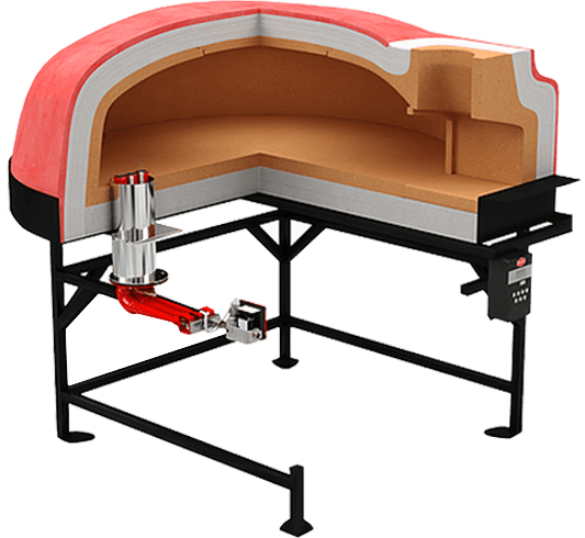Pizza oven cutaway with installed gas burner
